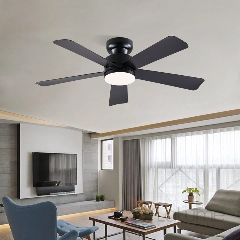 41"/46" 5-Blade Flush Mount Ceiling Fans With Lights And Remote/App, Black, 46" Wide