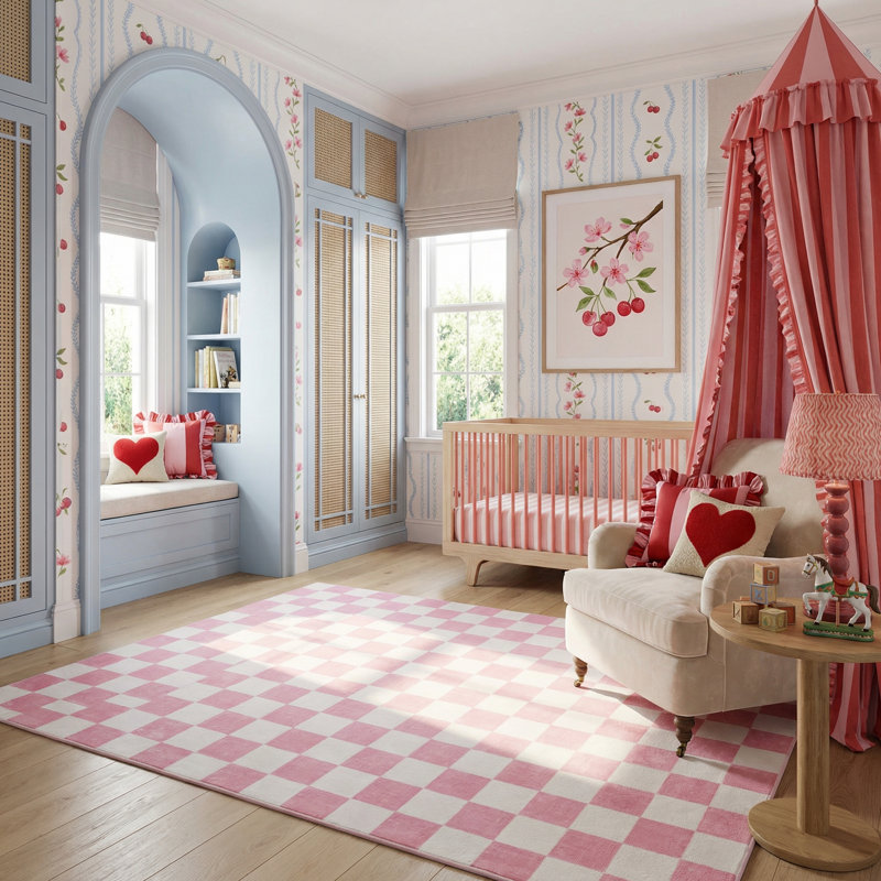 Rug Branch Jaque 8' x 11' (7'7" x 10'10") Pink/White Checkered Kids Area Rug, Modern, Medium Pile, Stain-Resistant Carpet - Playroom, Nursery, Toy Room and Bedroom
