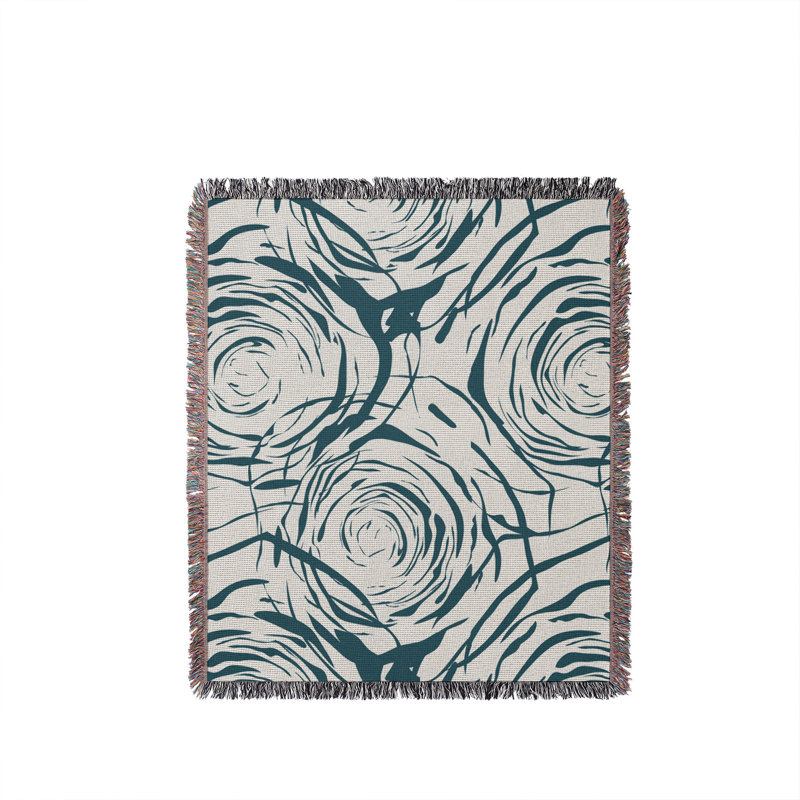 Rose Floral Cotton Throw Blanket, Teal, 60x80