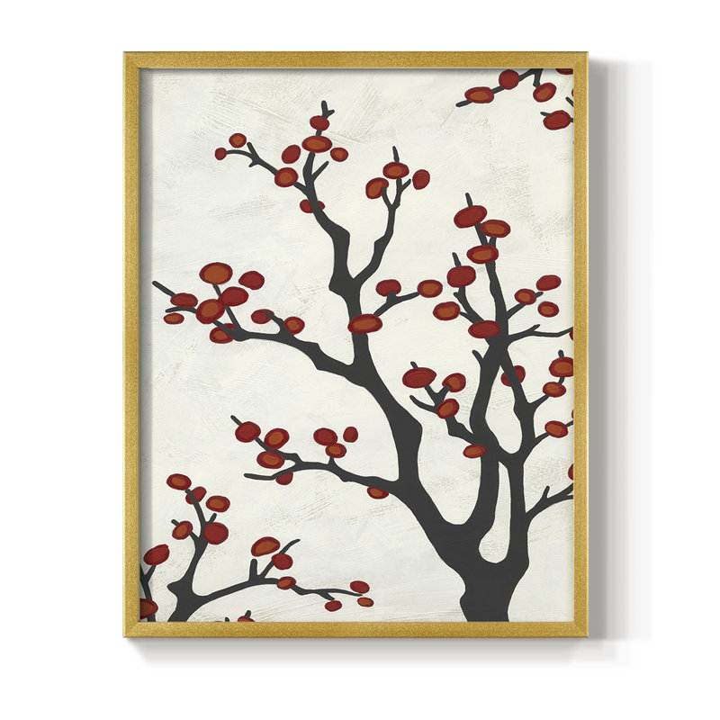 Red Berry Branch II Framed Print - Solid Wood, 30" H x 24" W, Gold