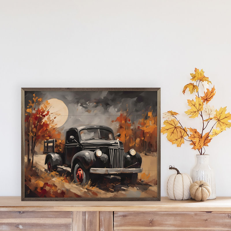 «Camion noir avec lune cachée» sur bois, H 24 po x l 30 po