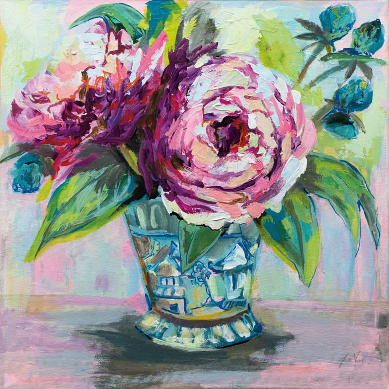 Reproduction de pivoines roses I sur toile par Jeanette Vertentes, H 20 po x l 20 po x P 1,25 po