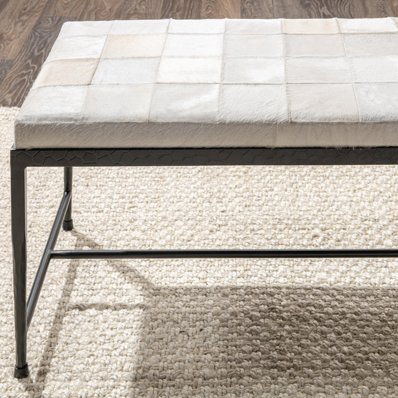 Achen Leather Hide Ottoman Bench, Ivory, 18.5" H x 60" W x 18" D