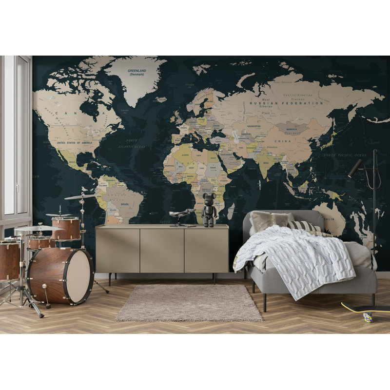 Papier peint carte du monde océan bleu marine, L 114,96 po x l 225 po