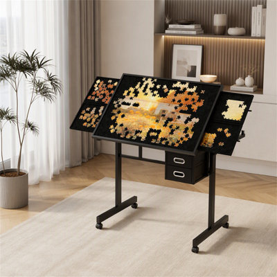 Table 1000 pièces avec couvercle en bois, 4 plateaux et 2 tiroirs pour adultes, solution parfaite pour les cadeaux et le rangement