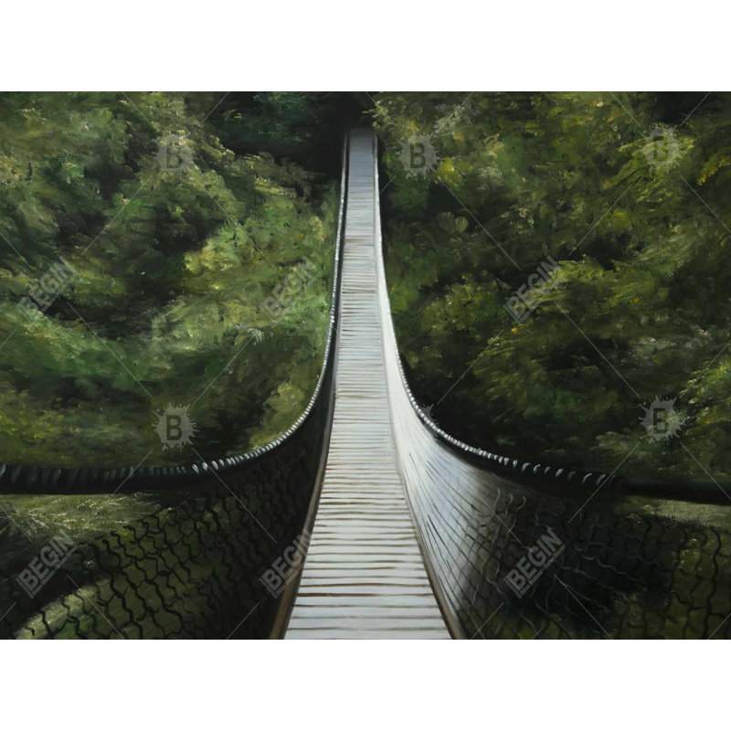 Suspended Bridge in the Forest - Modern Green Canvas Art, 37.25" H x 49.25" W