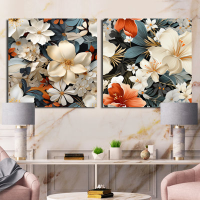 Paradis floral blanc et doré - ensemble de 2 collages floraux carrés