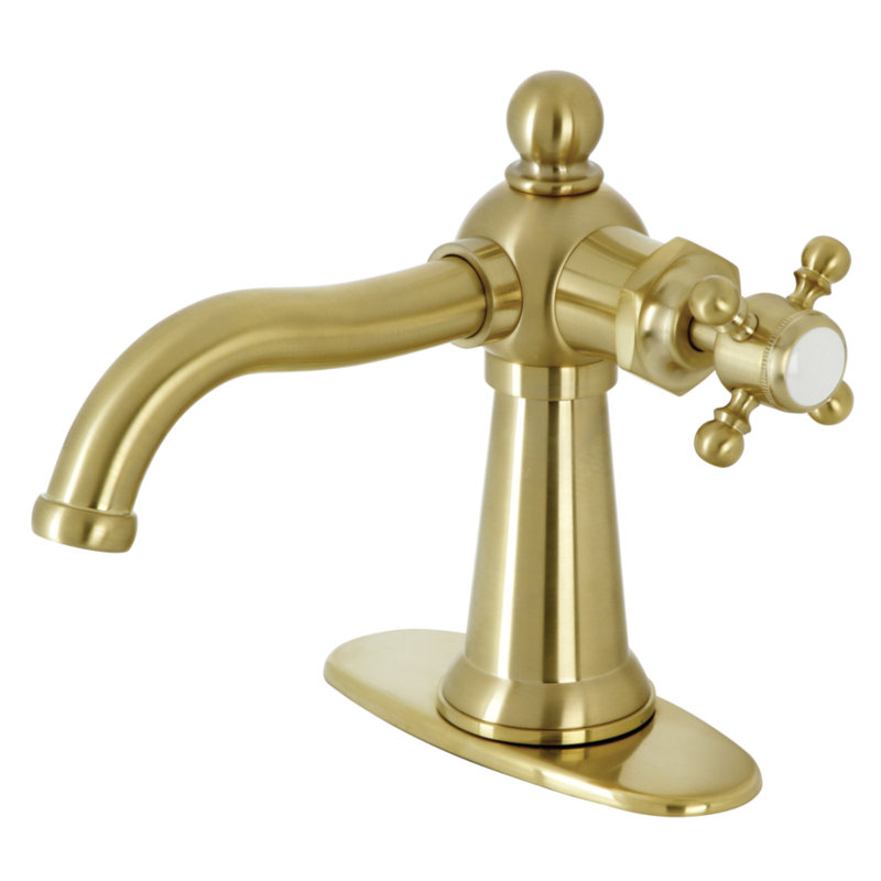 Kingston Brass Nautical Single-Handle 1-Hole Deck Mount Bathroom Faucet with Push Pop-Up and Deck Plate, Brushed Brass