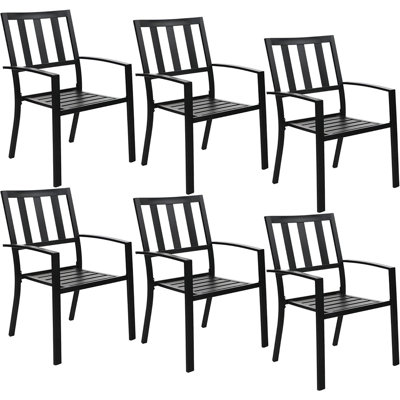 Metal Outdoor Dining Chairs Set Of 6 - Stackable Black Patio Chairs, 300Lb Capacity (Stripe)
