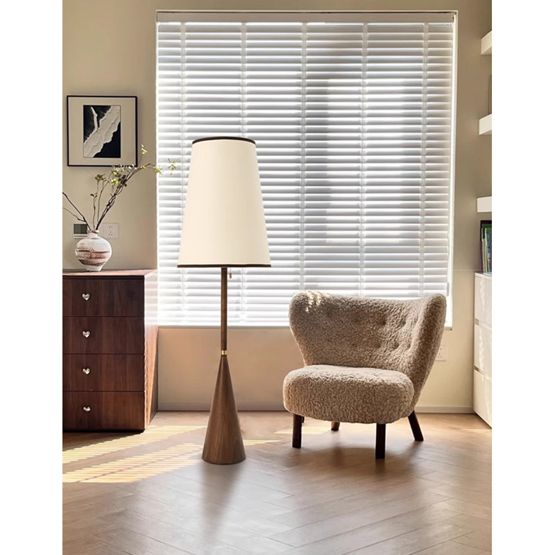 Cone Wood Base Fabric Shade Floor Light Fixture