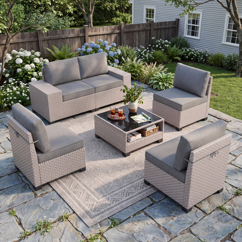 Ensemble de conversation d'extérieur avec rangement, ensemble de mobilier de patio en résine tressée 6 pièces, groupe de sièges modulable 5 places avec coussins, mobilier d'extérieur et de patio, gris
