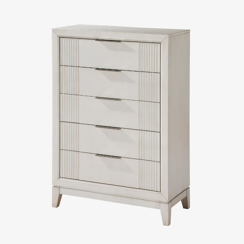 Commode haute 5 tiroirs Flo, bois blanc antique, poignées chromées