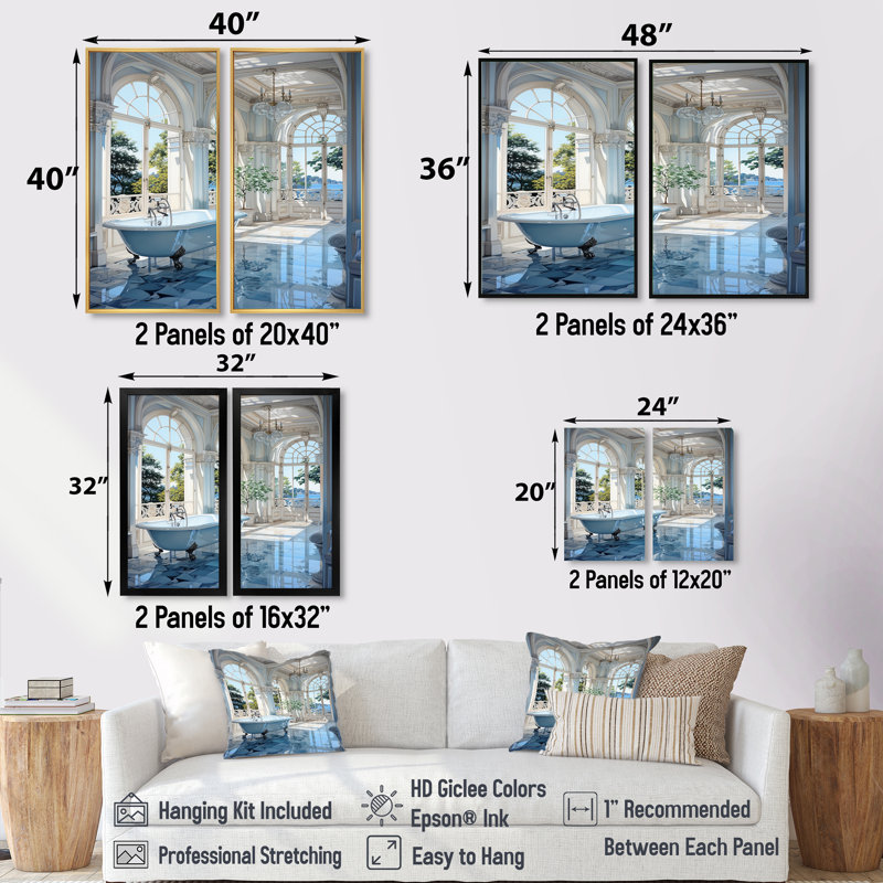 «Bathroom Tranquil Reflections», impression d'art sur toile, ensemble d'humour bleu, H 20 po x l 24 po, Cadre flottant, Doré