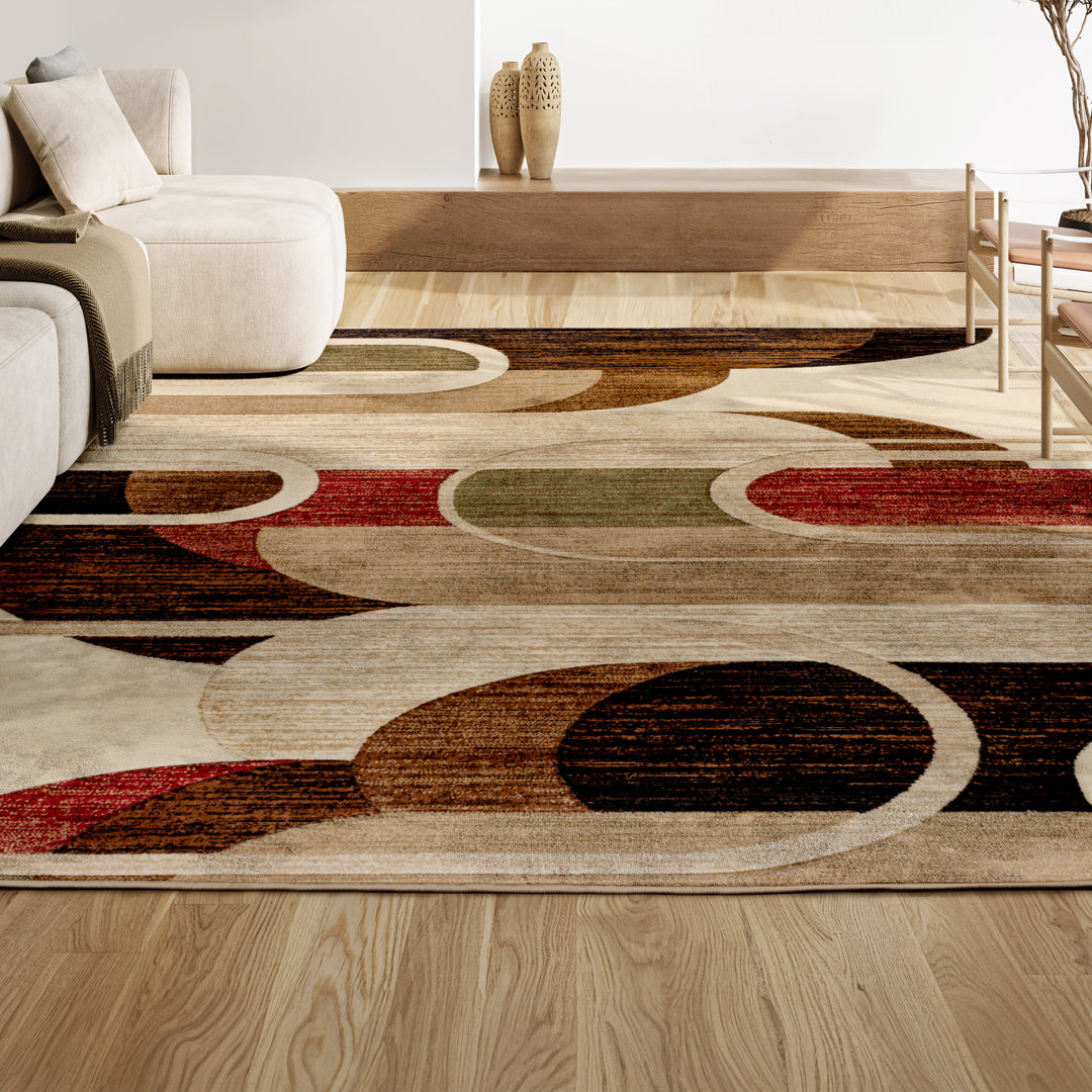 Kirsti Retro Abstract Arches Cream/Brown/Red Rug Ivy Bronx Rug 