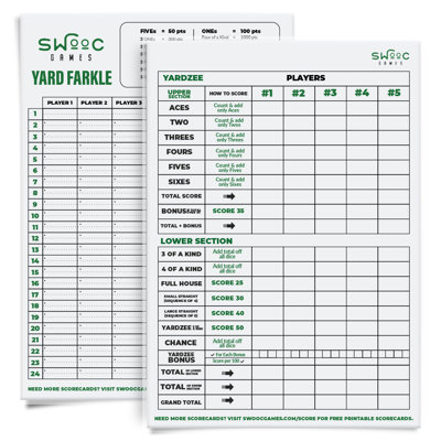 5 Pack Premium Yardzee & Farkle Scorecards