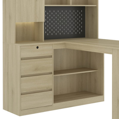 46 Inch L Shaped Computer Desk with Hutch and Charging Port & LED Light, Gaming Corner Writing Desk with Bookshelf and Cabinet & Pegboard, Wood