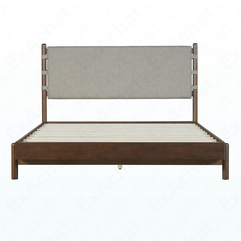 Structure de lit plateforme en bois d'hévéa de qualité supérieure, structure de lit grand avec tête de lit incluse, lit de style Mid-Century moderne en noyer et gris clair