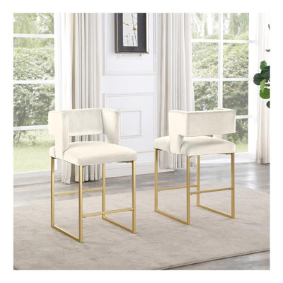 Ensemble de 2 tabourets de bar modernes et contemporains avec revêtement en velours crème et pieds en métal doré
