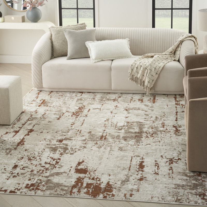 Tapis beige / gris en polyester / polypropylène tissé à la machine Addie, Ivoire / rouille, Rectangle 7 pi 10 po x 9 pi 10 po