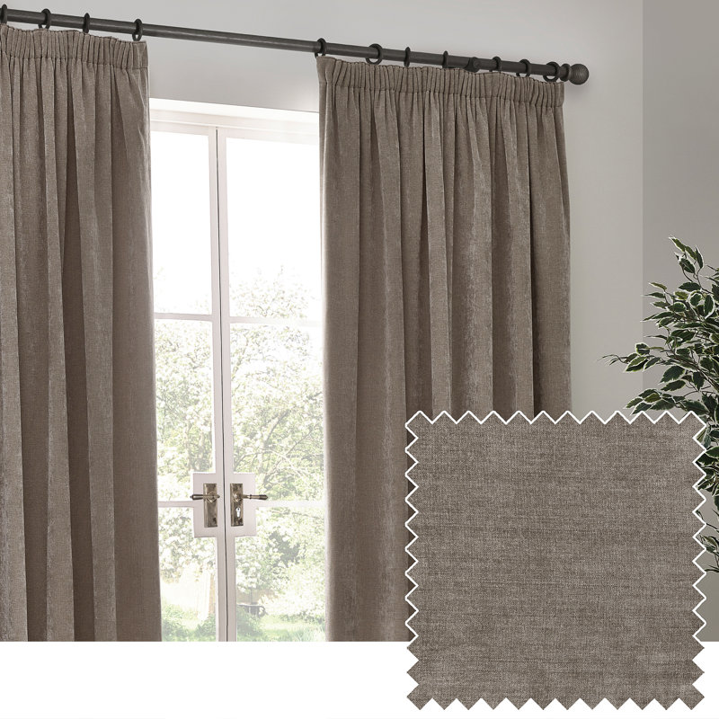 Heavy Chenille Room Darkening Pencil Pleat Curtains, Grey, 117 W x 183 D cm