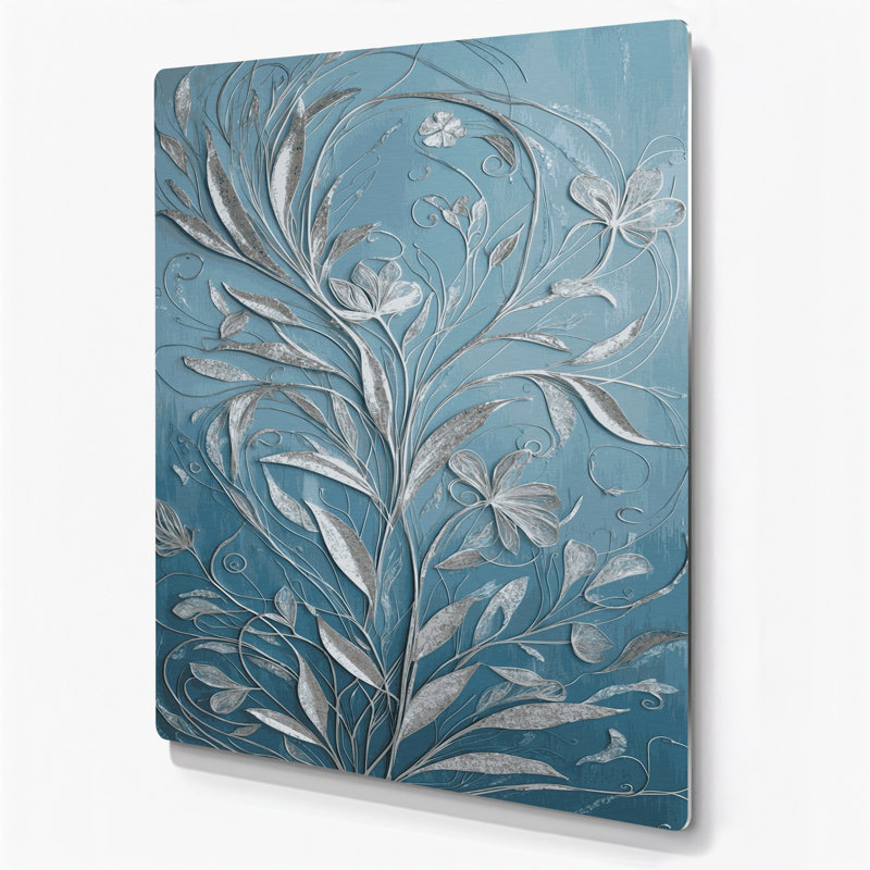Abstrait floral 97, art mural en métal bleu, H 16 po x l 20 po