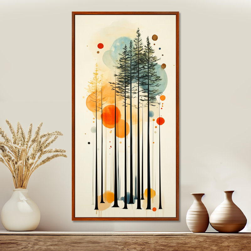 «Orange Orange Summer Valley Pine Forest Silhouettes I», reproduction d'art sur toile encadrée, art mural chaud