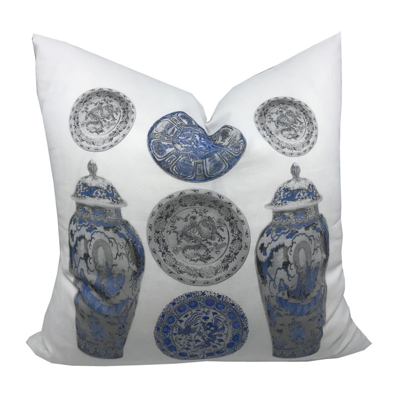 Chinois Ceramic Square Pillow Cover & Insert, Ming Blue/Gray