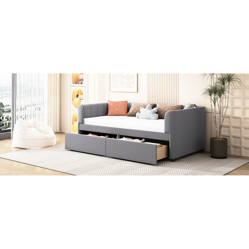 Lit de jour simple en velours gris avec 2 tiroirs ergonomiques pour un espace de rangement supplémentaire, design moderne