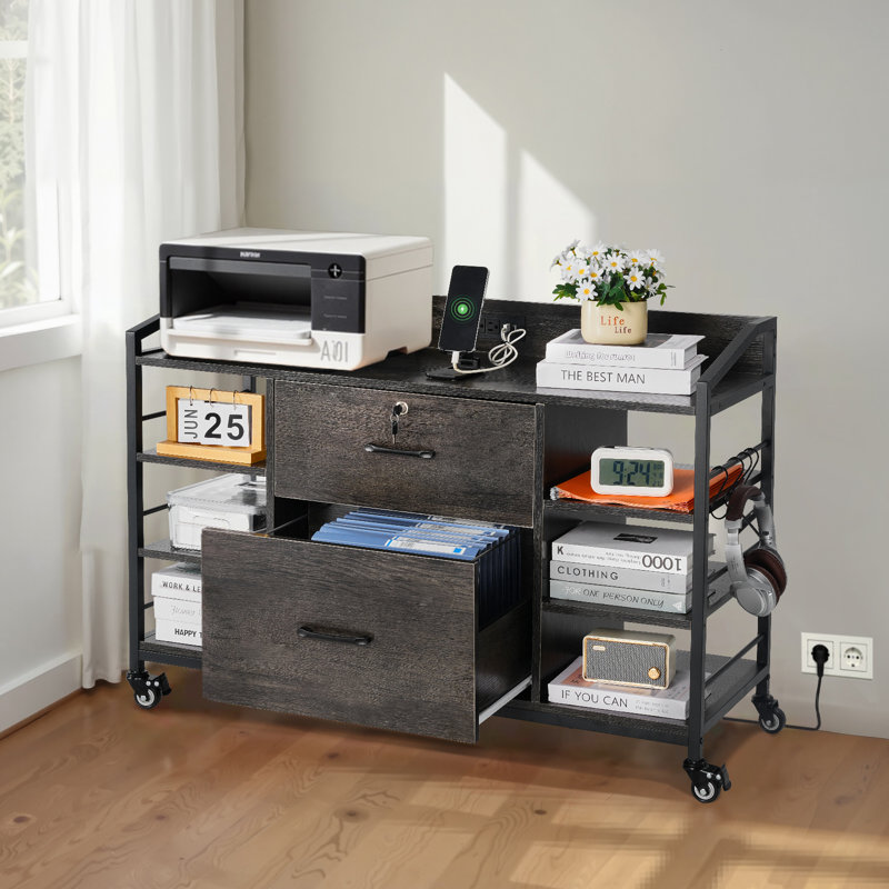 Classeur en métal 2 tiroirs avec 6 tablettes ouvertes et multiprise, Gris