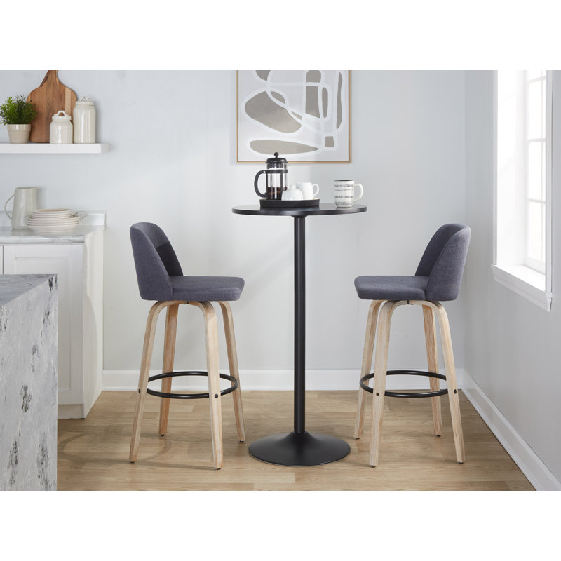Thea 30" Fixed-Height Bar Stools with Bent Wood Legs & Round Footrest, Blue Polyester Blend, White Washed/Black