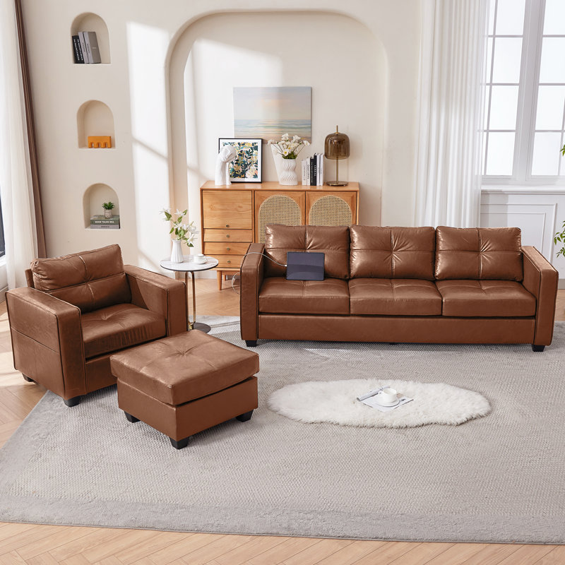 3-Piece Faux Leather Living Room Set, Brown