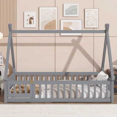 Twin Bed, Tent-Shaped Floor ,Teepee With Guardrails,Slats And Door