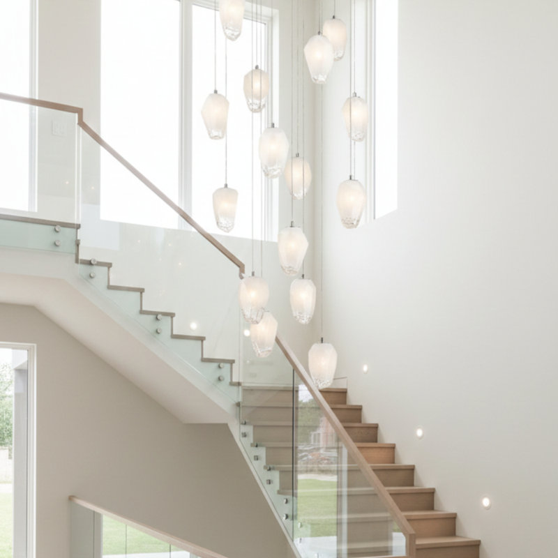 15-Light Chrome Chandelier With White Glass Pendants, Chrome