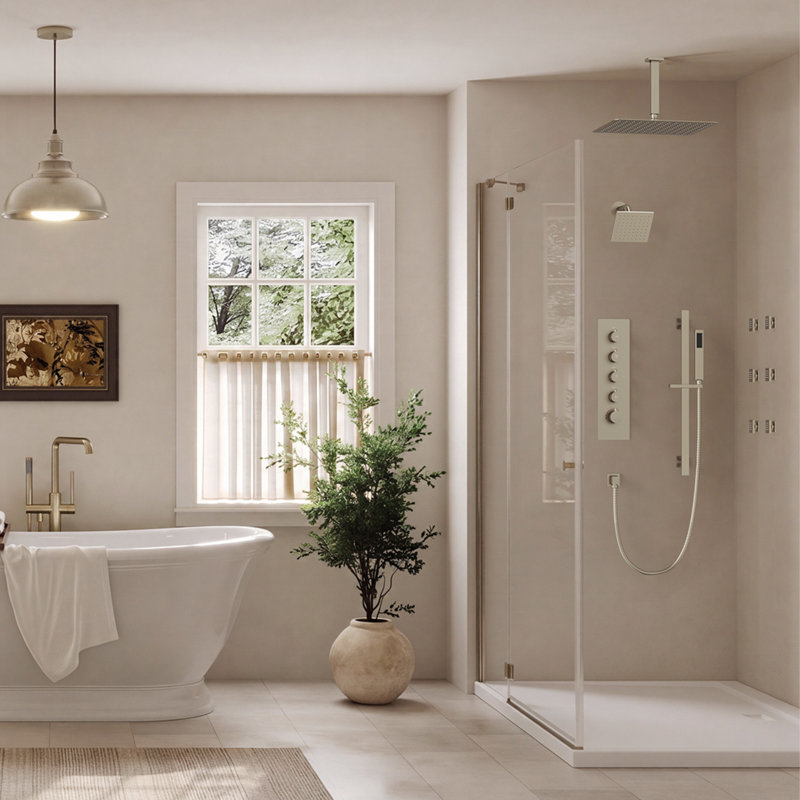 Système de douche thermostatique à double effet pluie de 40 cm (16 po) à montage au plafond, avec 6 jets corporels et douchette à main.