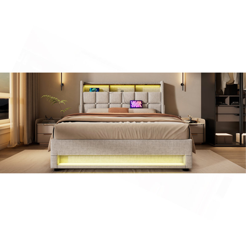 Lit plateforme tapissier avec système de rangement hydraulique, chargement DEL et USB (sans matelas), Beige, Grand lit