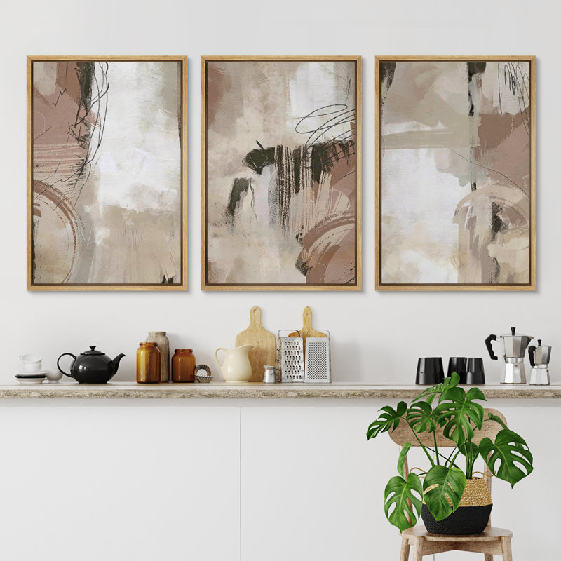 «Pastel Watercolor Paint Strokes Abstract Neutral Art Decor», reproduction d'art sur toile encadrée 3 pièces, Plastique brun
