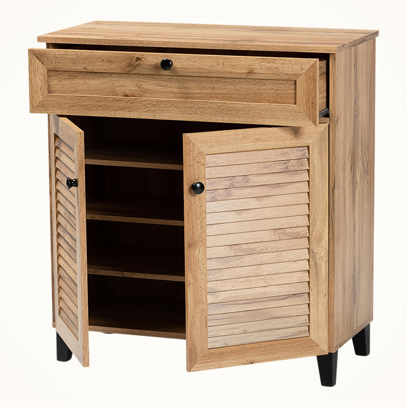 Diora 2-Slatted Door Oak Finish 4-Shelf & 1-Drawer Shoe Cabinet, 32.95" H X 30.34" W X 14.38" D