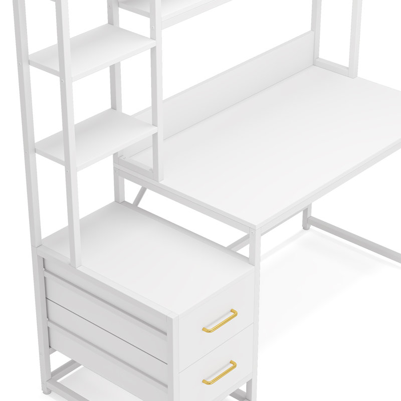 Rectangular Credenza Desk With White Engineered Wood Top And White Metal Base For Home Office