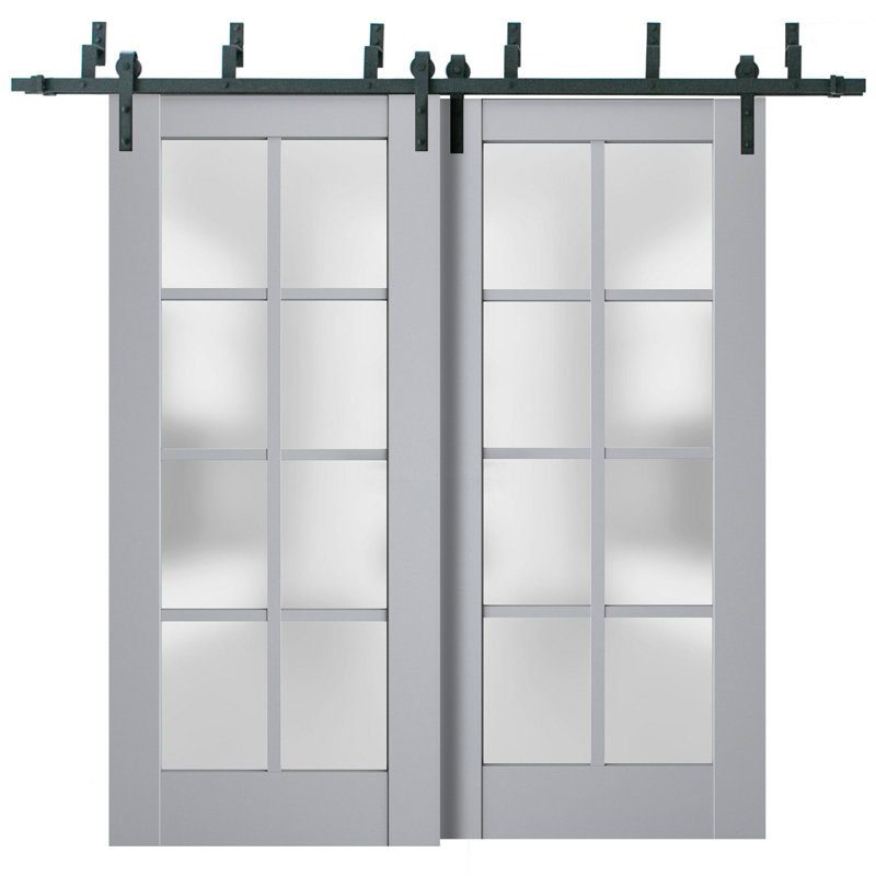 Portes coulissantes de placard de style grange avec verre dépoli Veregio 7412 Gris mat Rails robustes de 2 m (6,6 pi) Ensemble de quincaillerie Portes de placard de chambre en bois massif - 183 x 244 cm (72 x 96 po) (2 x 91 x 244 cm (36 x 96 po))