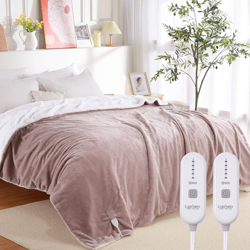 Jeté pour lit chauffant électrique grand format avec double contrôle, couvertures chauffantes en flanelle Sherpa, jets chauffants doux pour canapé avec 5 réglages de chaleur et 4 heures d'arrêt automatique, rose, 84 po x 90 po