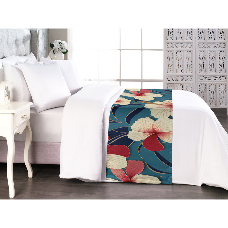 Ambesonne Floral Bed Scarf Runner Hibiscus Tropical Leaves Art Cadet Blue Cream and Ruby, King