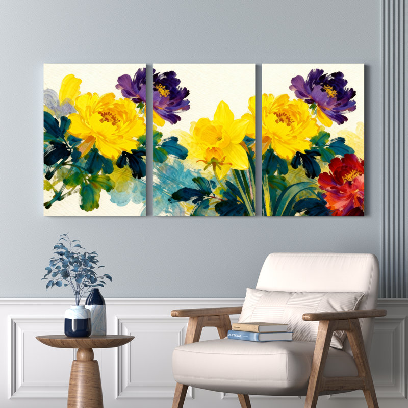 Tableau floral aquarelle sur toile tendue (lot de 3), H 36 po x l 72 po