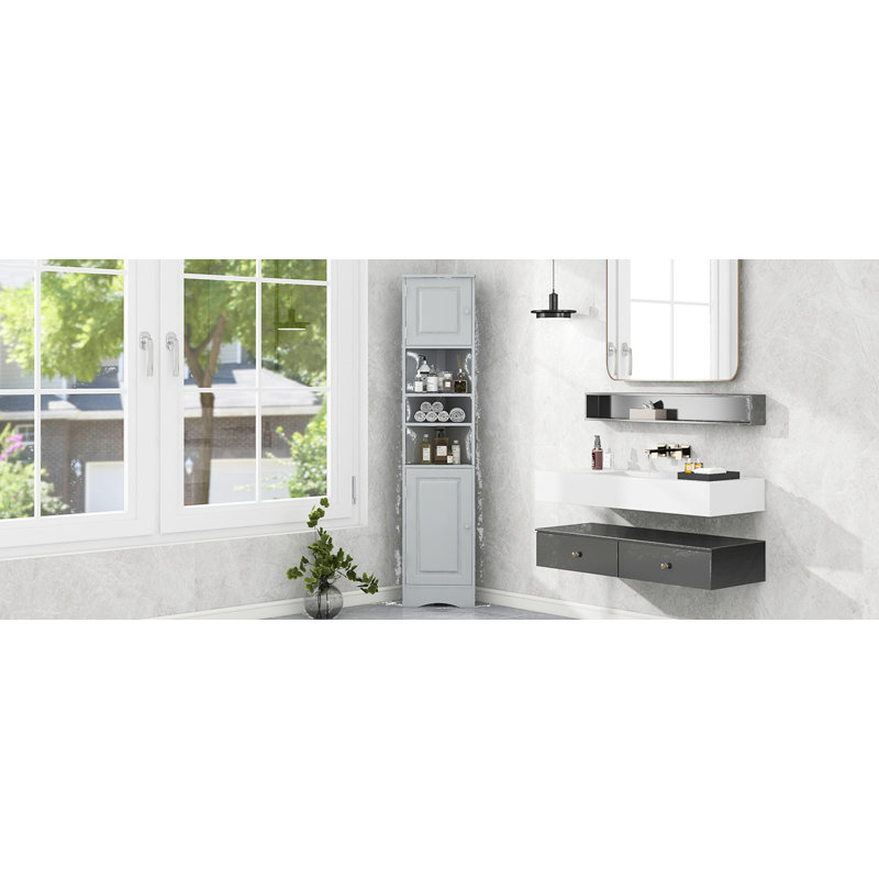 Multi-Functional Corner Cabinet Tall Bathroom Storage Cabinet With Two Doors And Adjustable Shelves, Open Shelf, Gray