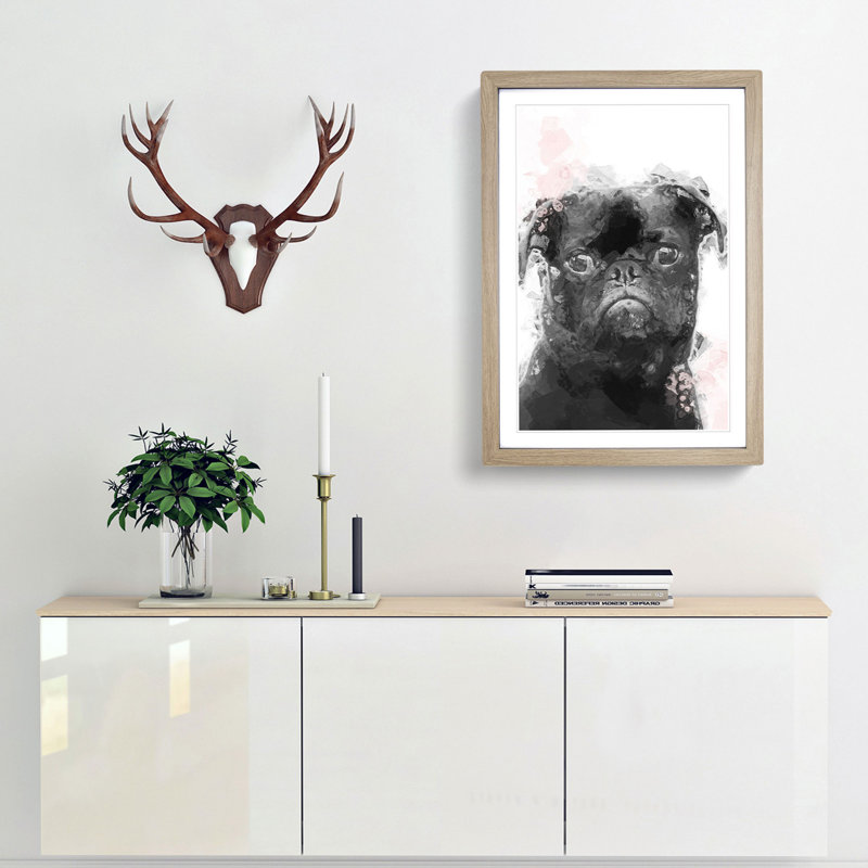 Paint Splashed Pug Dog in Abstract - Picture Frame Graphic Art Print, 36cm H x 27cm W x 2cm D, Oak Framed