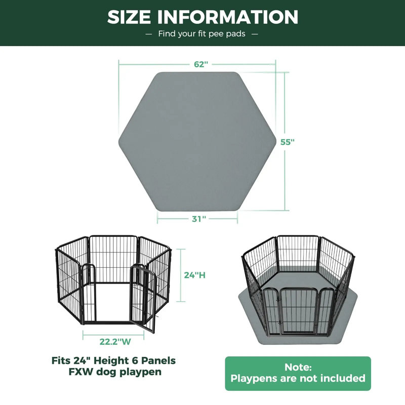 Protège-peluche lavable pour chiens, coussins pour chiots avec super absorbant, spécialement conçu pour le parc pour chien 6 panneaux Rollick / Homeplus de 24 pouces, hexagone de 31 po, gris, par paquet
