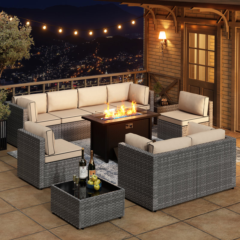 11-Piece Outdoor Furniture Seating Group with Fire Pit Table, Khaki, Silver