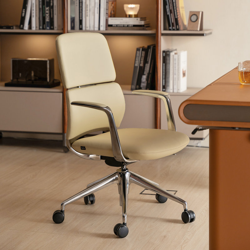 Genuine Leather Office Desk Chair with Wheels, Ergonomic Leather Executive Chair, Mid Back, Swivel Base with Adjustable Tilt, Modern Style, Luxury Aluminum Frame(Cream)