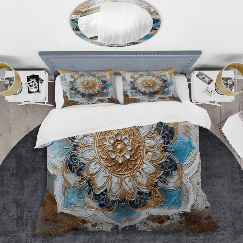 Ensemble de housse de couette en microfibre / polyester bleu et or Mandala I Bedding