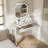Retro Makeup Vanity Desk with Octagonal Mirror - 3-Drawer Jewelry Storage, Distressed White Dressing Table for Bedroom & Living Room
