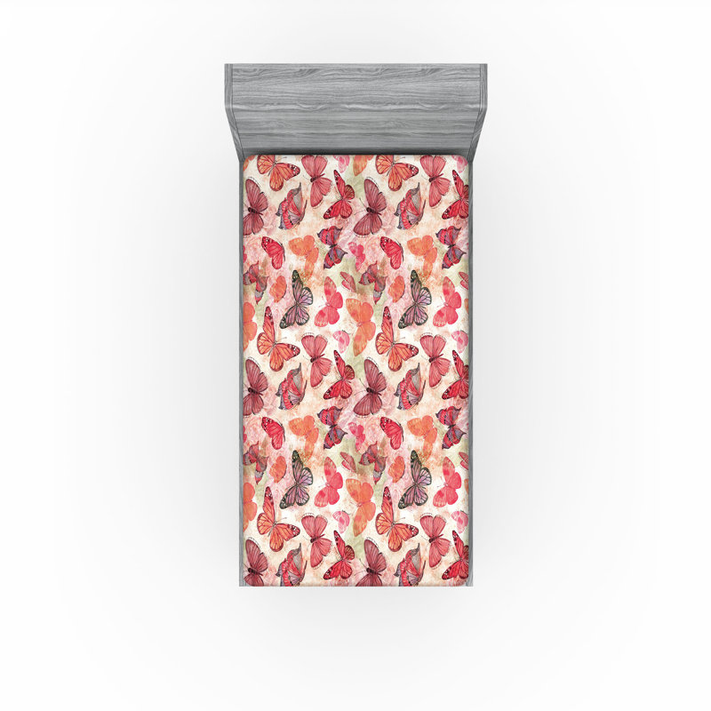 Microfiber Fitted Sheet, Twin XL Fitted Sheet, Butterflies Coral Salmon Dried Rose
